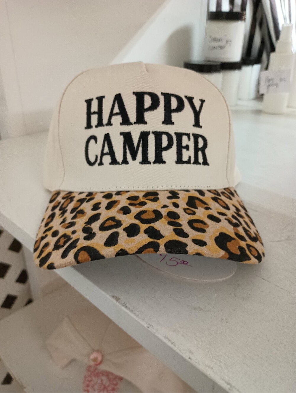 Happy Camper Cream Trucker Hat OS with Leopard Brim